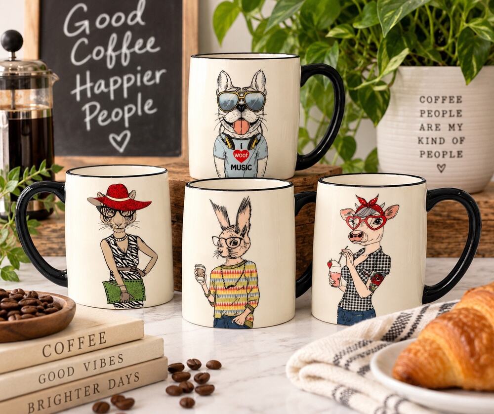 Signature Housewares Hipster Animal Mugs Set of 4 Quirky Cat Rabbit Bulldog Cow